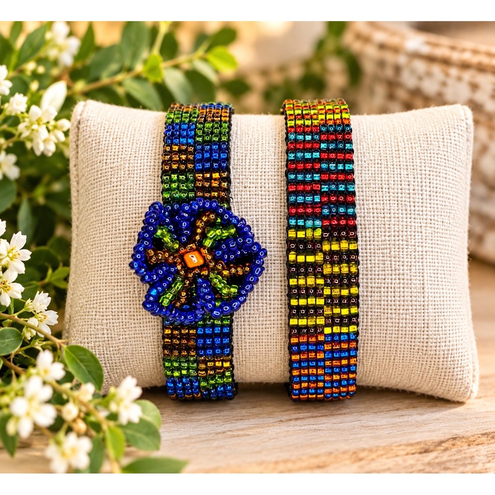 Handmade Beaded Cuff Bracelet Set Rainbow Floral Loom Woven Seed Bead Boho 2pc